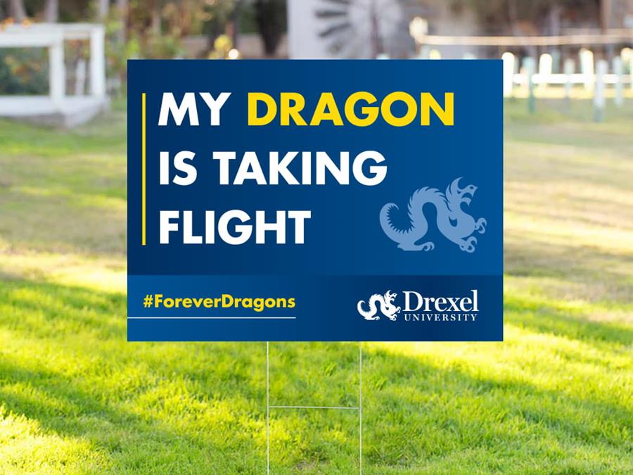 24x18 inch lawn sign with 'My Dragon is taking flight' text in white on a navy blue background