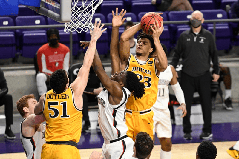 Drexel’s James Butler and T.J. Bickerstaff on the court.