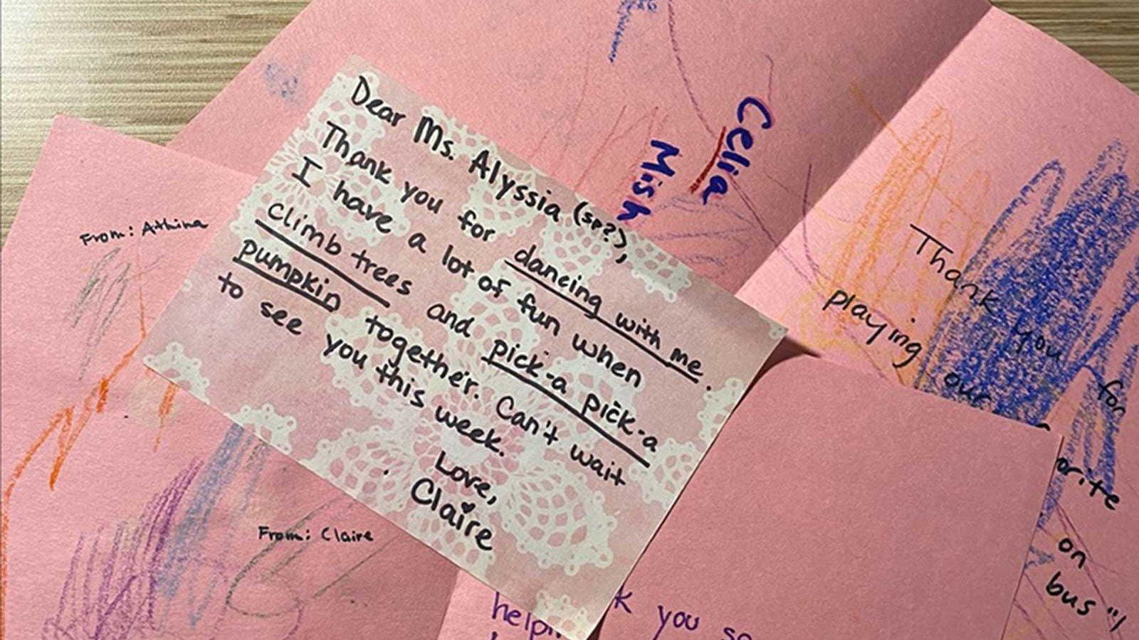 Lipsey received and kept cards from the students she worked with while on co-op at the Young Children&#39;s Center for the Arts.