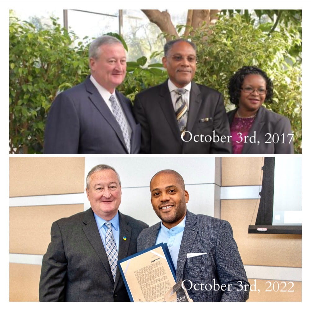 Mayor Jim Kenny with Chet Riddick, in the top photo, and Allen Riddick, in the bottom photo..