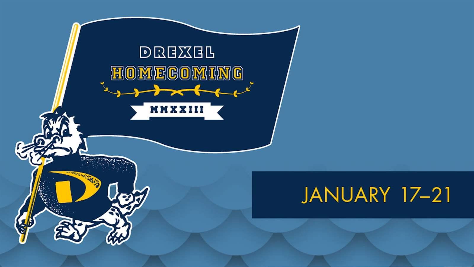 Drexel Homecoming graphic with the dates of Homecoming January 17-21