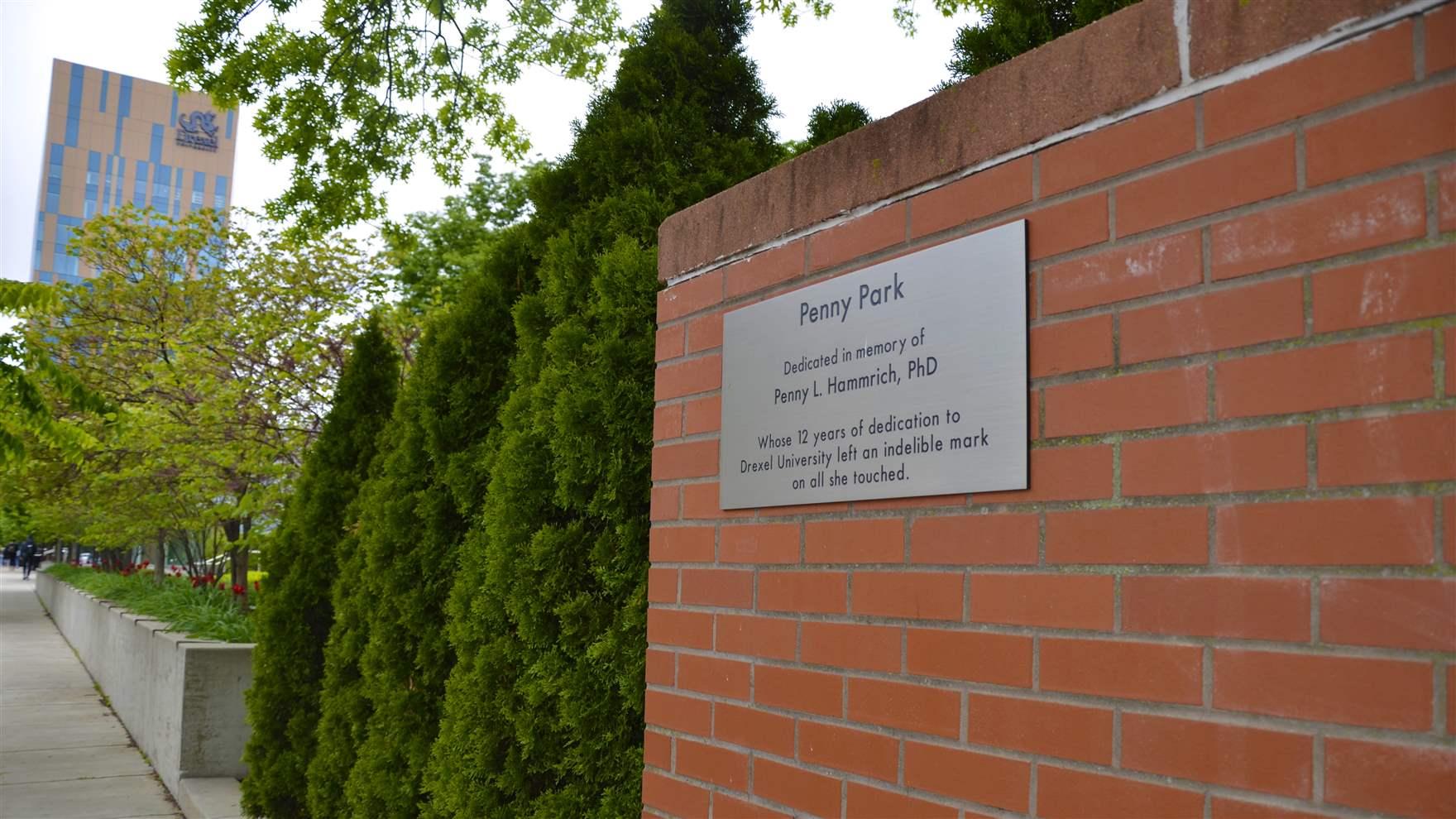 View of the newly installed plaque for Penny Park on Warren and Filbert streets.
