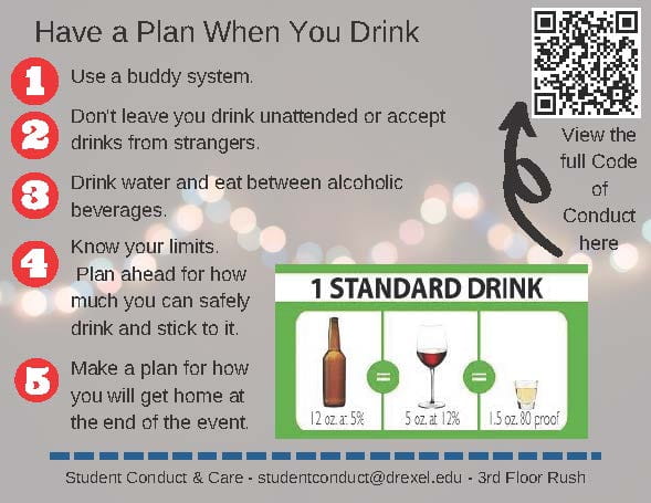 QR code in top right corner with the text "View the full Code of Conduct here" and an arrow. Text: "Have a plan when you drink. 1. Use a buddy system. 2. Don't leave your drink unattended or accept drinks from strangers. 3. Drink water and eat between alcoholic beverages. 4. Know your limits. Plan ahead for how much you can safely drink and stick to it. 5. Make a plan for how you will get home at the end of the event. Student Conduct & Care - studentconduct@drexel.edu - 3rd Floor Rush. 1 standard drink: 12 oz beer at 5% = 5 oz wine at 12% - 1.5 oz 80 proof shot."