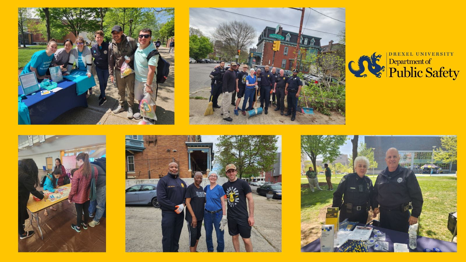 A grid of five images of officers and students standing together outside with the words "Drexel University Department of Public Safety."