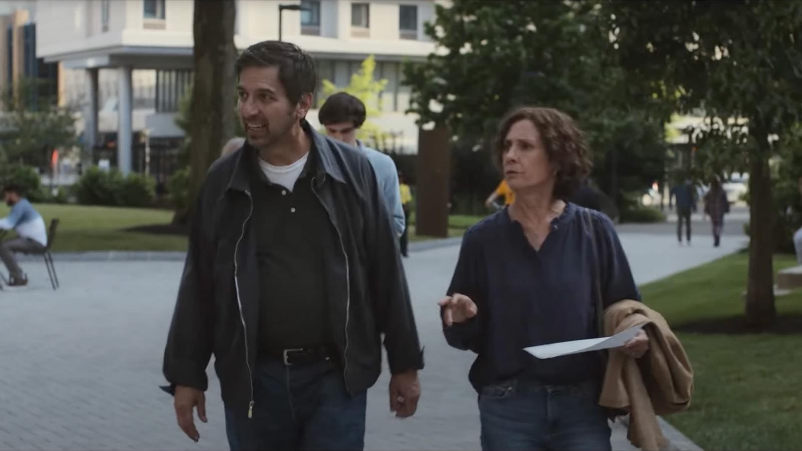 Drexel's Korman Family Quad and Chestnut Square can be seen in the trailer alongside Ray Romano, Laurie Metcalf and Jacob Ward. Screenshot from the trailer to “Somewhere in Queens.” Directed by Ray Romano. Roadside Attractions, Lionsgate Films. 2023.