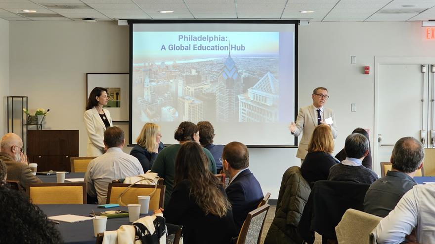 The meeting was led by Drexel University’s Vice Provost of Global Engagement Rogelio Mi&#241;ana, PhD, photographed standing on right at the event, and Vice Provost of Global Engagement at Temple University Emilia Zankina, PhD, standing on left.