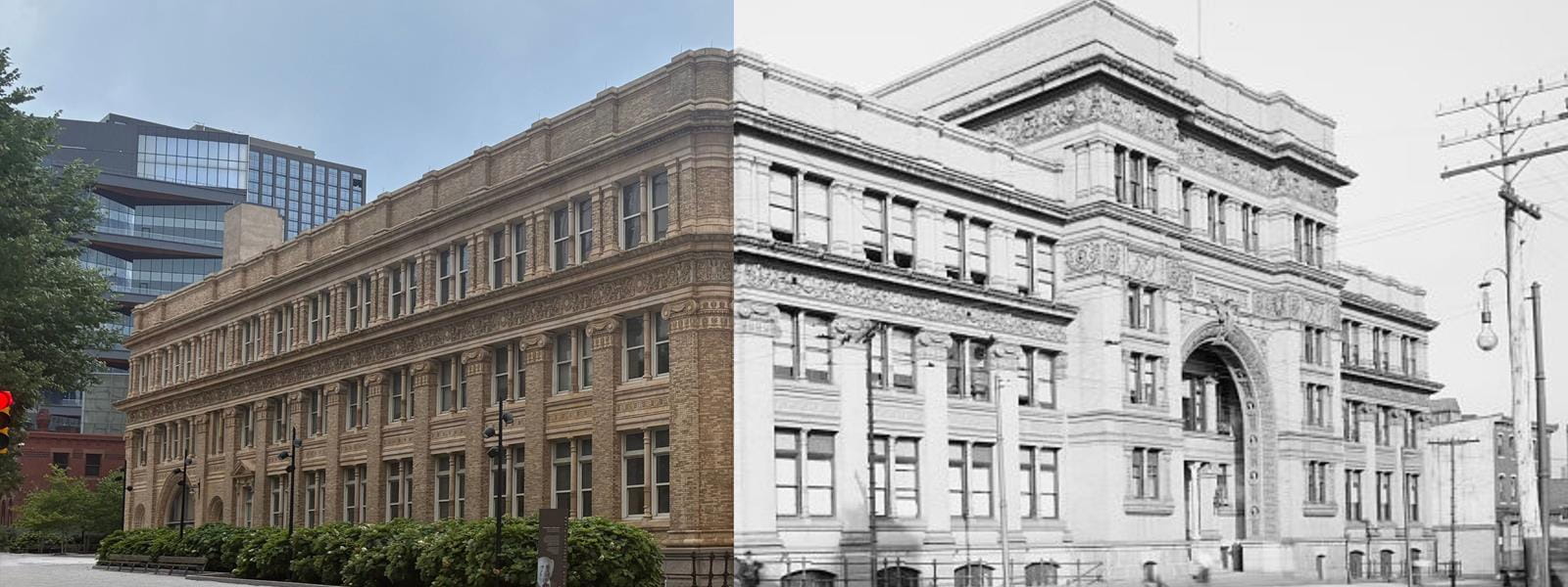 A photo compostie of Drexel's Main Building using an archival black-and-white photo and a modern-day color photo.