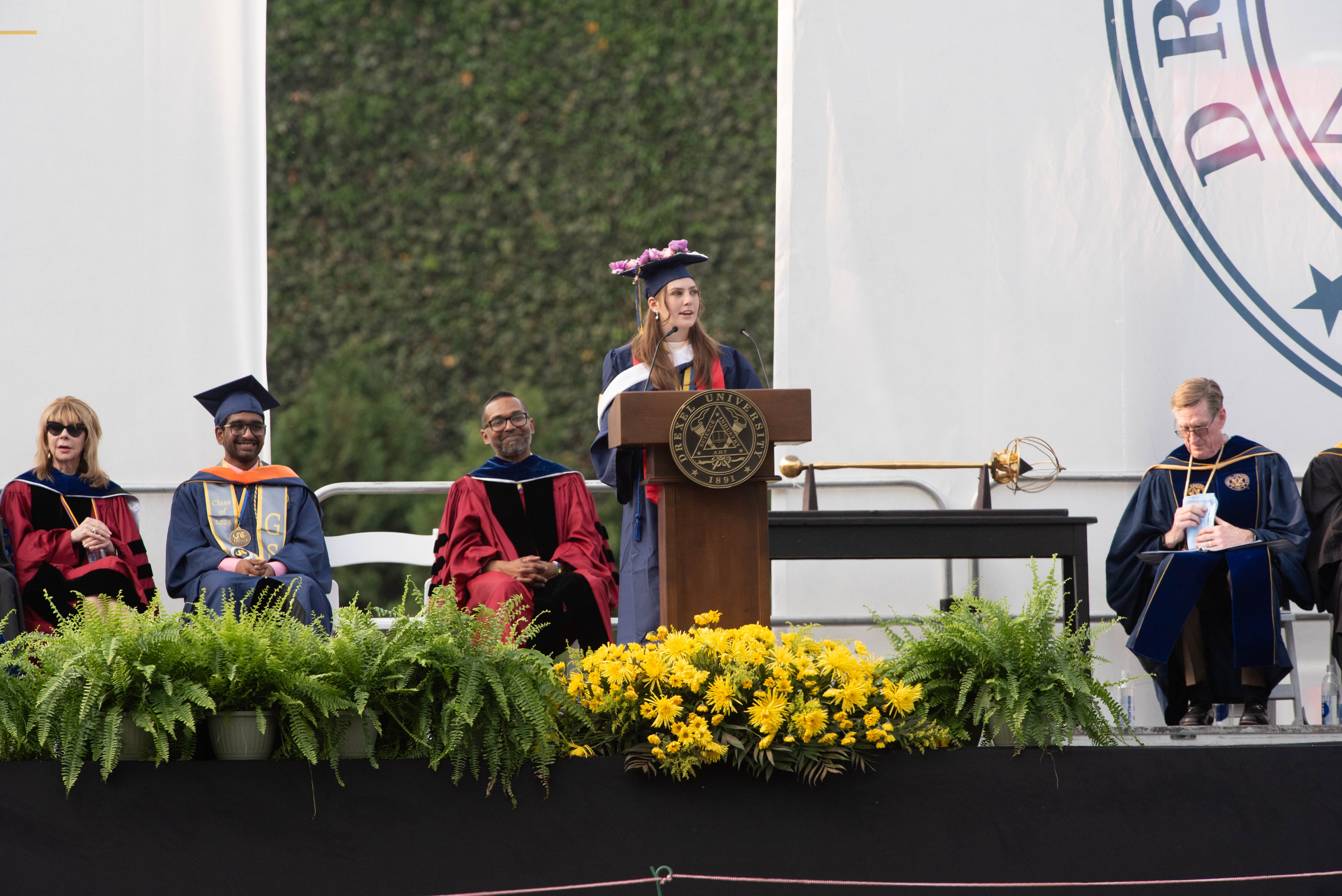 Katie Moorcones, political science and sociology ’25, who addressed the crowd as outgoing vice president of the Undergraduate Student Government Association