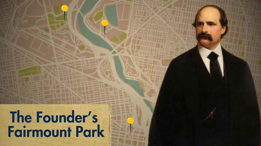 Anthony J. Drexel and &quot;The Founder&#39;s Fairmount Park&quot; in front of a map of Fairmount Park.