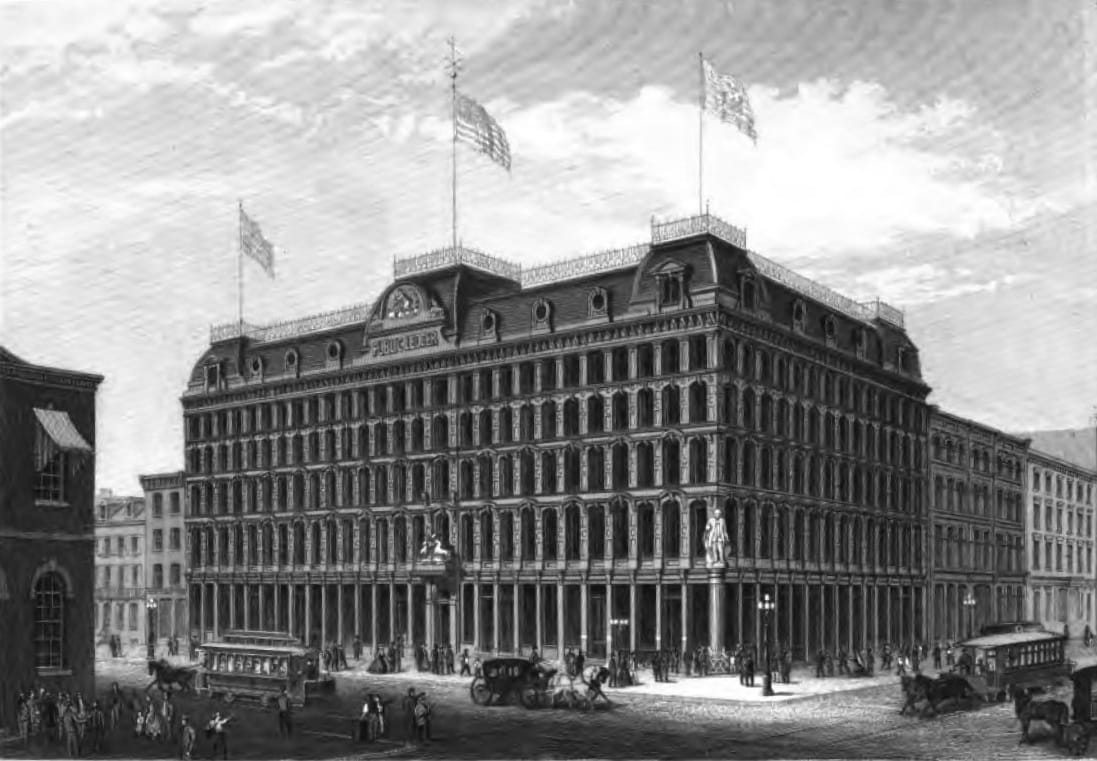 An etching of the Public Ledger Building as depicted in “The Public Ledger Building, Philadelphia: With an Account of the Proceedings Connected With Its Opening June 20, 1867,” a work published by George W. Childs that is now in the public domain. Note the “Public Ledger” written on the top of the building.
