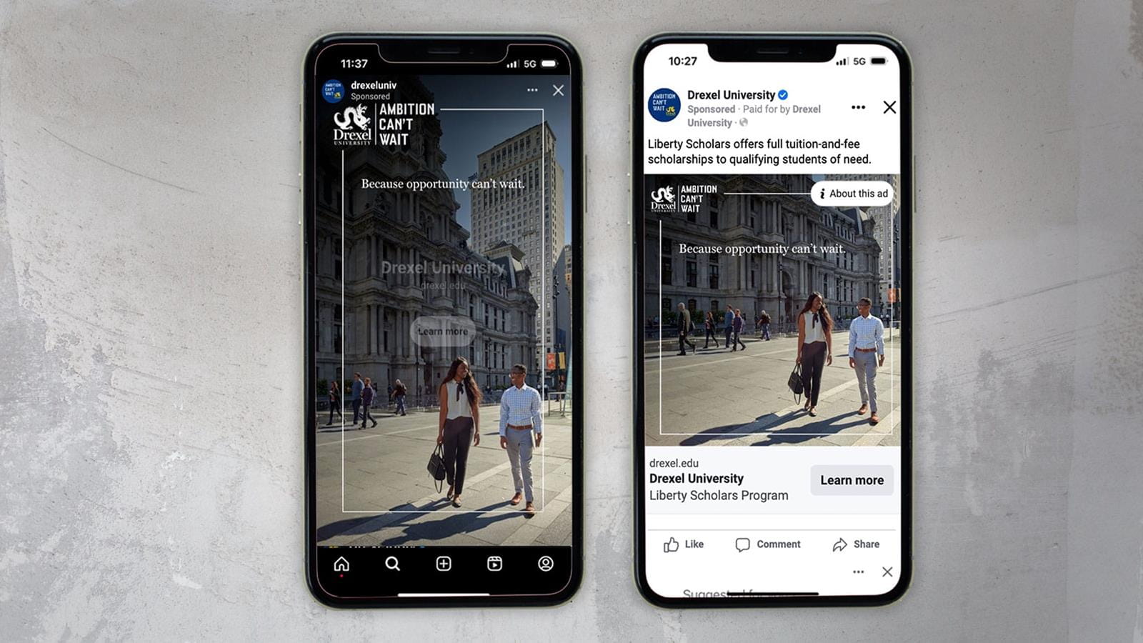 Mobile phones depicting social media ads